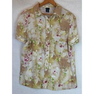 Cottage Core Fairy Earthy Basic Editions Rayon Flowy Medium Top Button Up Camp